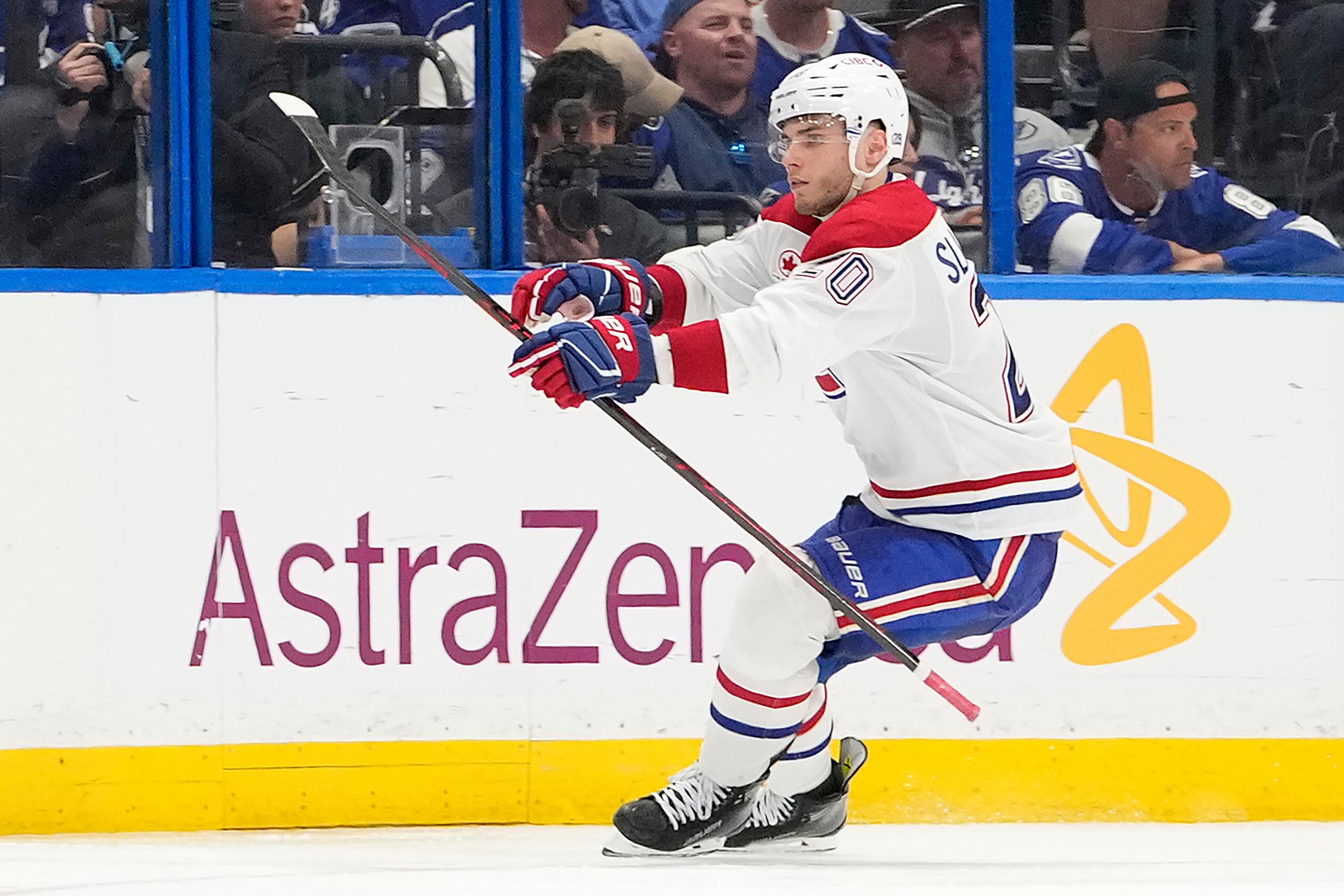 Canadiens winger Juraj Slafkovsky celebrates his overtime goal against the Tampa Bay Lightning in Game 1 of first-round playoff series Sunday in Tampa, Fla.