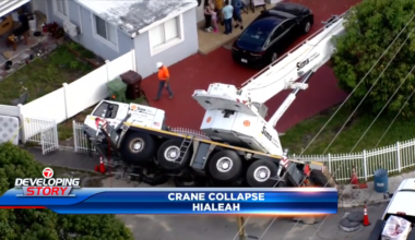 Crane falls over in front of 2 homes in Hialeah; no injuries reported - WSVN 7News | Miami News, Weather, Sports