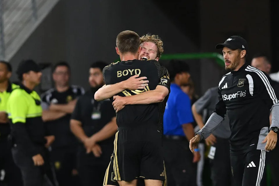 LAFC forward Jacob Shaffelburg (18) hugs Tyler Boyd (19) after assisting with a goal during an MLS game between LAFC and Orlando City SC on Saturday, April 4, 2026 at BMO Stadium in Los Angeles Calif