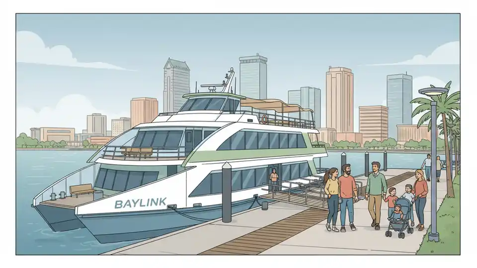 Modern passenger ferry boat docked at urban waterfront terminal with Tampa Bay skyline in background