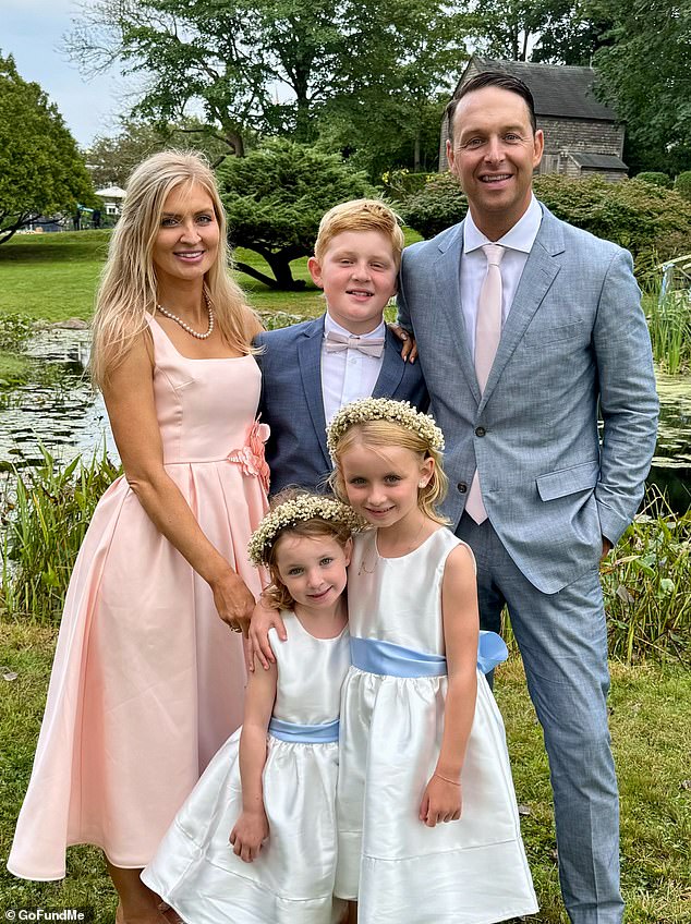 Ryan Jennings, 46, died in Florida while saving two of his children. He is pictured with his wife Emily, stepson Jax, and daughters Charlie and Bowie