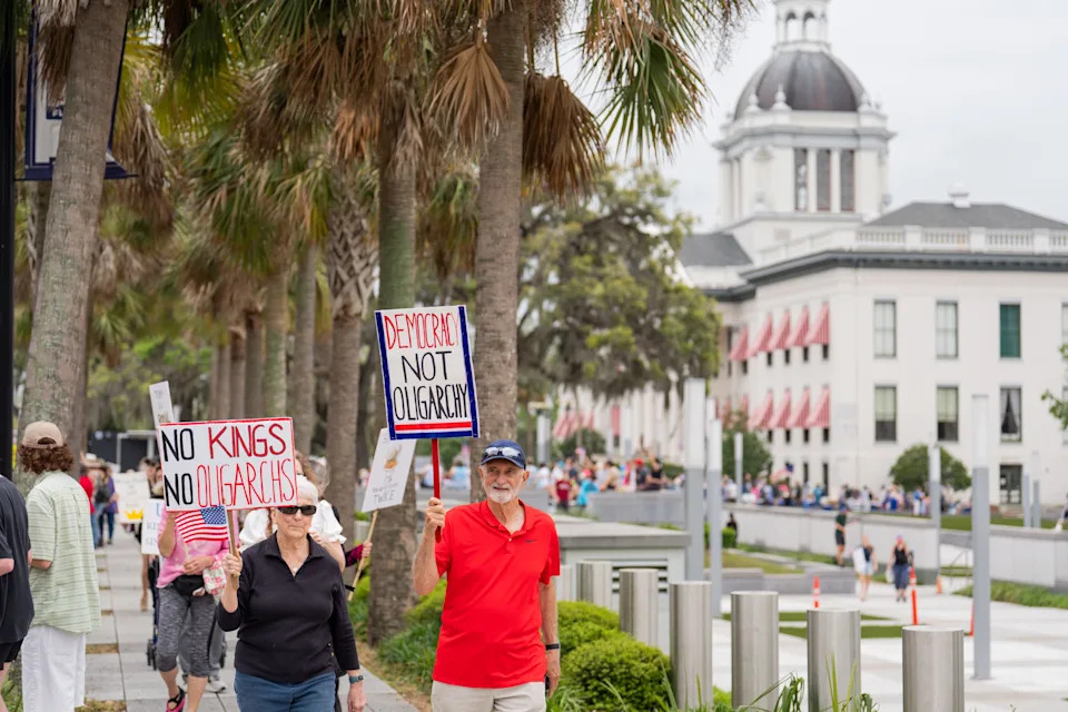 Roughly 2,000 demonstrators gather outside the Florida Capitol to voice their opposition to the Trump administration by participating in a No Kings protest Saturday, March 28, 2026.