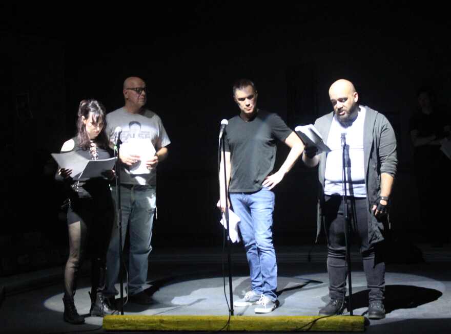 Ryan Adair (center) as Brutus formulates plan to kill Caesar on her way to the Senate (pictured with Abby Seeley, Greg Wojciechowski and Christian Rivero).