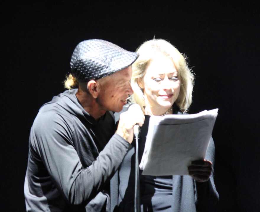 Justin Larsche and Shelley Sanders during radio broadcast portion of Lab Theater's modernized production of 'Julius Caesar.'