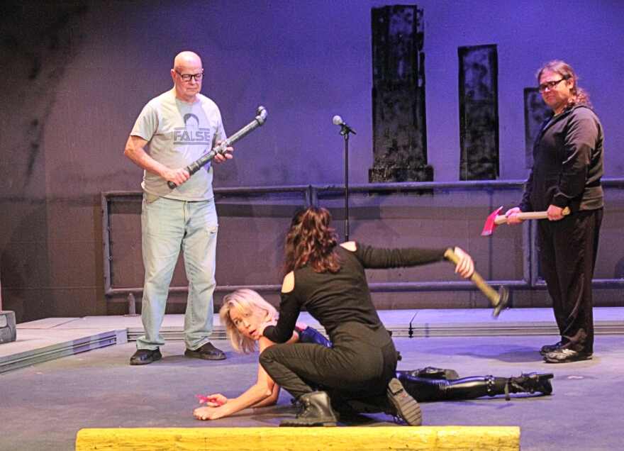In addition to line load and Shakespeare's archaic language, split-second fight scene choreography challenged actor Shelley Sanders in her portrayal of the character of Julius Caesar.