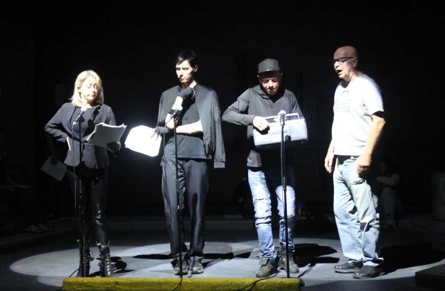 Sanders, Daniel Sabiston, Larsche and Greg Wojciechowski in radio broadcast portion of Lab Theater's modern production of 'Julius Caesar.'