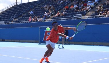 Pablo Perez Ramos celebrating winning his match against his LSU opponent on Senior Day.