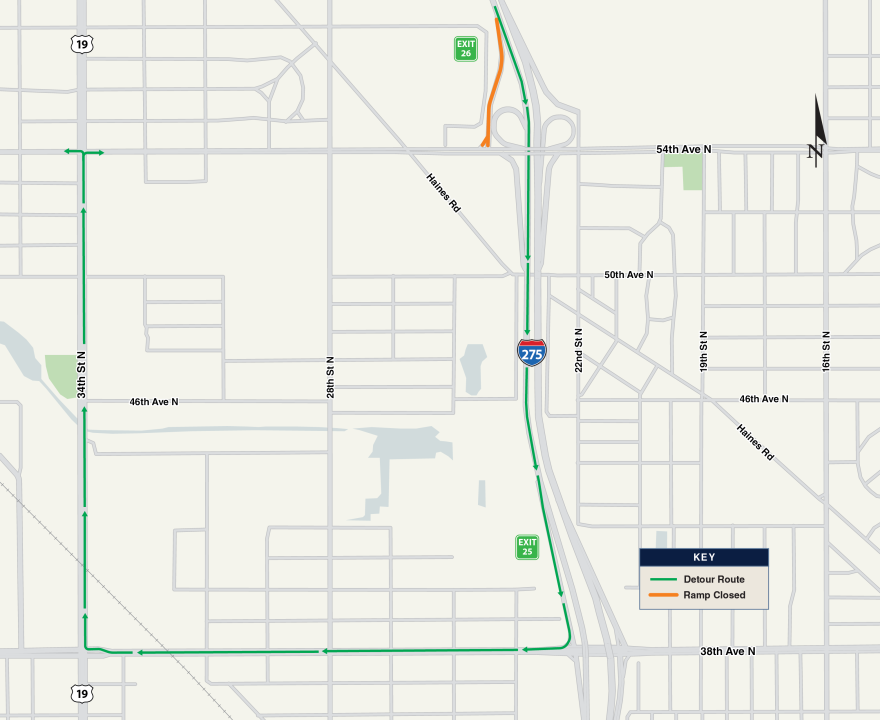 Detour Map for the closure of the southbound I-275 Exit 26 ramp to 54th Avenue N.