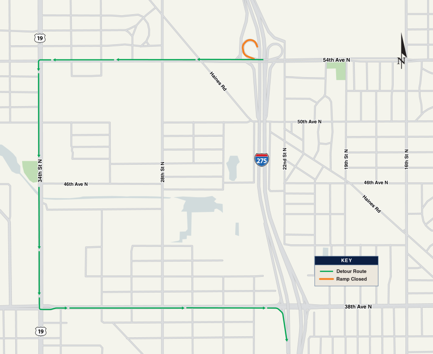 Detour Map for the closure of the westbound 54th Avenue N entrance ramp to southbound I-275.
