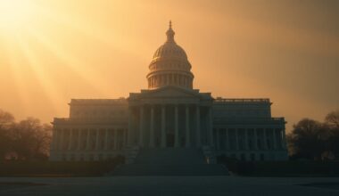 A solitary, empty state capitol building with warm, diagonal sunlight and deep shadows, conveying a sense of political transition and uncertainty.