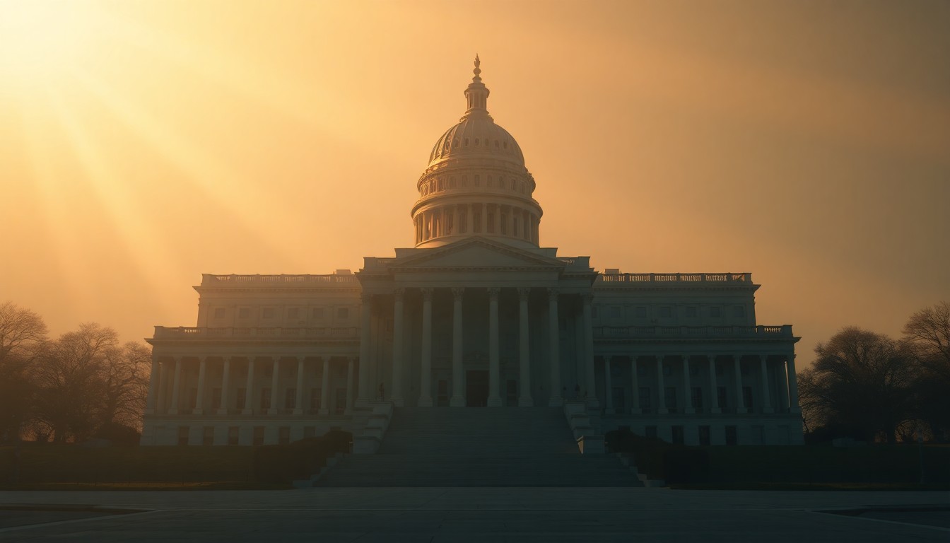 A solitary, empty state capitol building with warm, diagonal sunlight and deep shadows, conveying a sense of political transition and uncertainty.