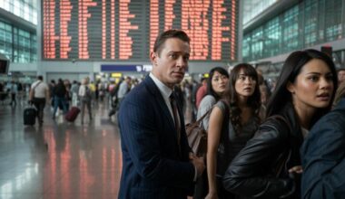 Passengers waiting at airport terminal with flight information display.