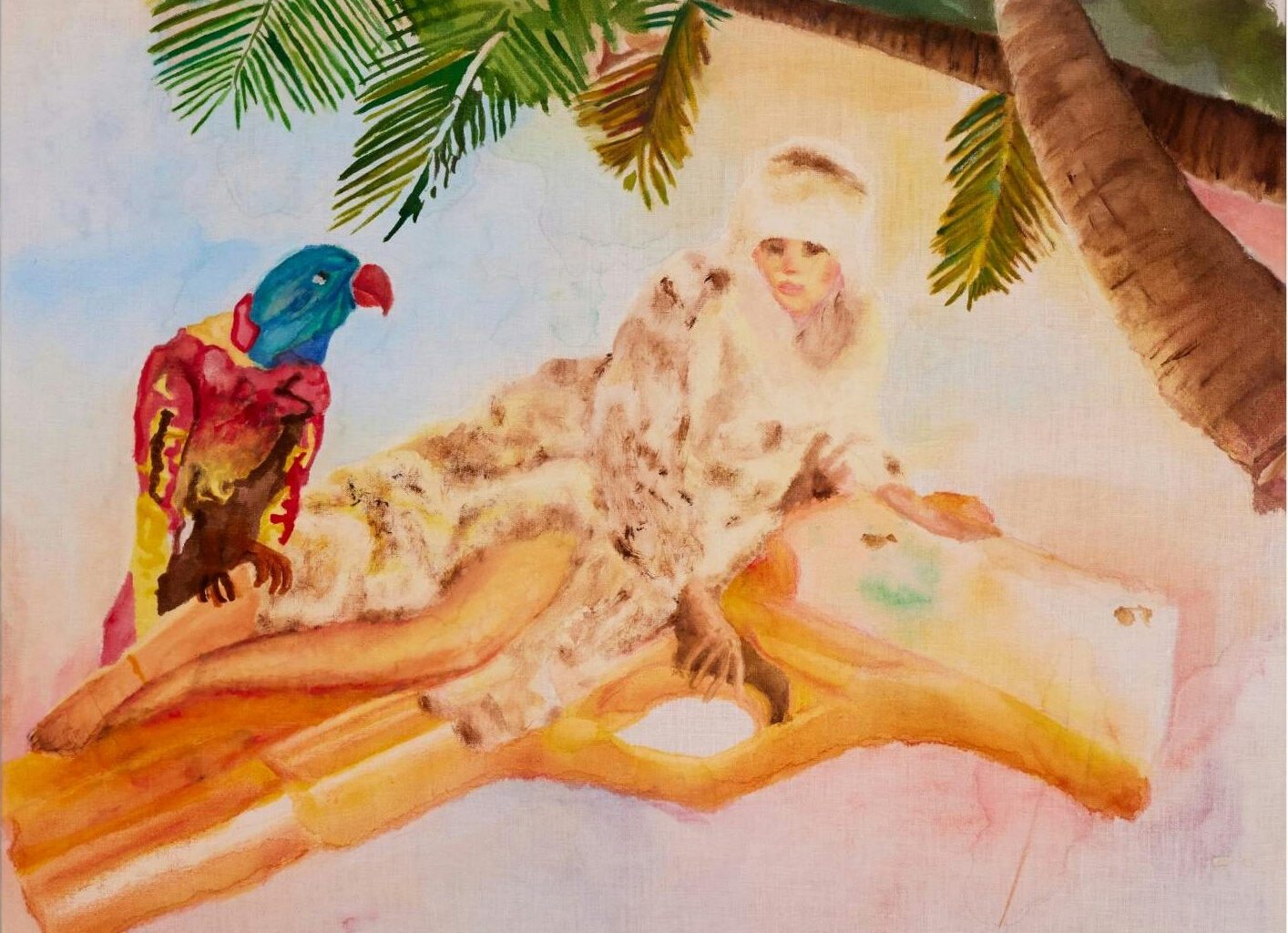watercolor painting depicting a glamourous woman in furs lying down on what appears to be a golden gun. A parrot perches on her knee and both are beneath a palm tree