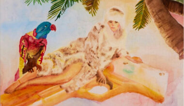watercolor painting depicting a glamourous woman in furs lying down on what appears to be a golden gun. A parrot perches on her knee and both are beneath a palm tree