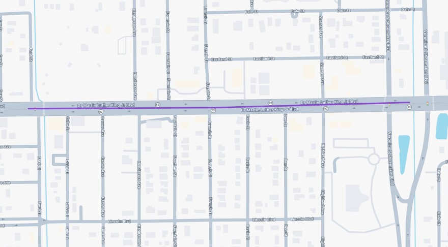 Pedestrian beacon on MLK in Fort Myers located just west of Ben Street.
