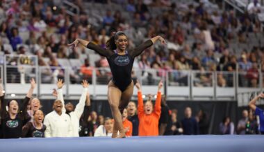 Gators head coach Jenny Rowland watches her team practice on Wednesday, April 15, at Dickies Arena in Fort Worth, Texas.