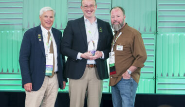 Luke Worrell (center) received the Land Realtor of America Award from the Realtors Land Institute. Congratulating him are Dean Saunders (right), the 2024 Land Realtor of America award winner, and Geoff Hurdle, Realtors Land Institute's national president.