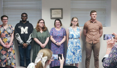 Winners in Friends of the Jacksonville Public Library's annual Author of the Year contest gather for photos during a reception in their honor. They included Hannah Garman (from left) and Emmanuel Mupeta Kabula, who tied for second in the prose category; Leslie Carmean, second in poetry; Heather Crivilare, first in prose; Lydia Tosh, first in prose; and Hayden Hamel, first in poetry. Shirley Bilyeu won third place in the poetry division.