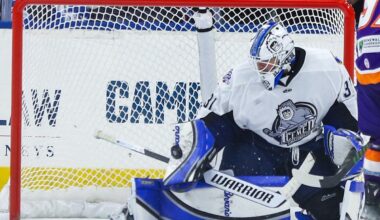 Jacksonville Icemen goaltender Cameron Rowe (31) blocks a Orlando Solar Bears' shot on goal.
