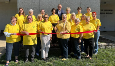 Pilot Club of Jacksonville members attending a ribbon-cutting ceremony with Mayor Andy Ezard included Sue Tapscott (from row, from left), Jody Rees, Alberta Robinson, President Tina Young, Zoellen Smith, Karla Stice; Joanne Chumley (center row, from left), Sue Morrow, Diane Farmer, Sue Thomas; Tammy Mellor (back row, from left), Mary Specht, Carol Wallbaum, Karla Henderson, Ezard, Vickie Austin, Beth Eilers and Angela Salyer.