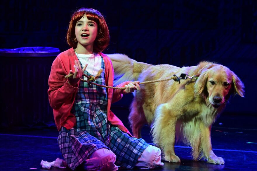 Gritty working onstage with Addie Jaymes during performance of 'Annie' at Broadway Palm Dinner Theatre.
