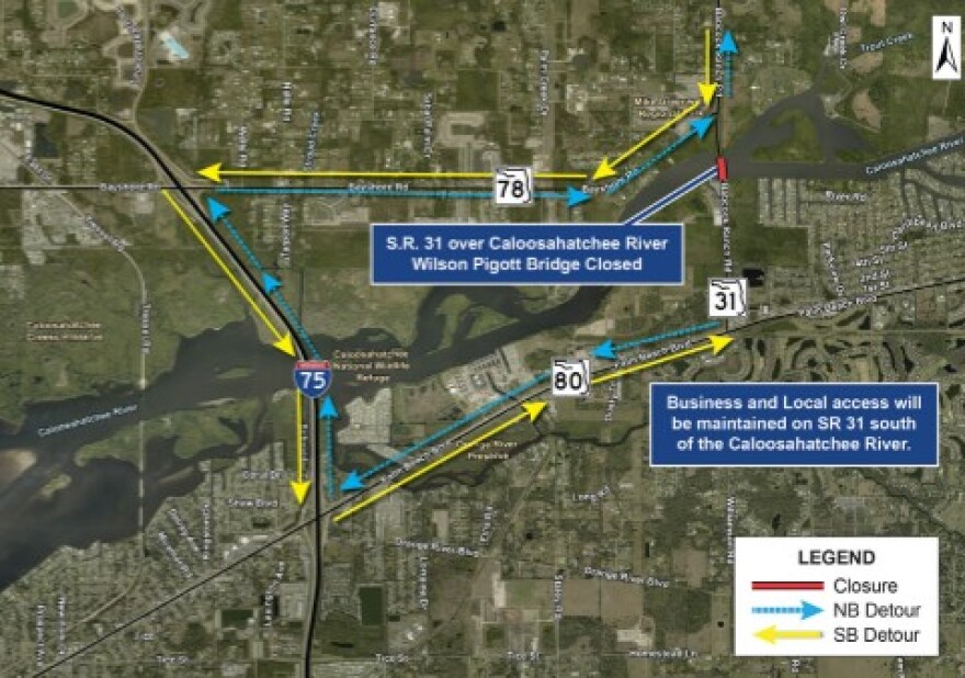 Alternative routing for anticipated April closure of Wilson Pigott Bridge.
