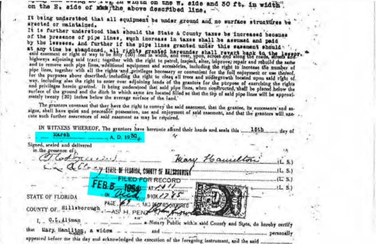 Easement granted in 1930 was not filed with the county until 1954. 