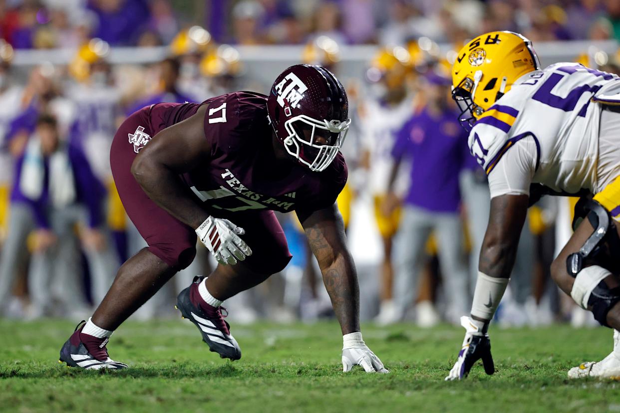 BATON ROUGE, LOUISIANA - OCTOBER 25: Defensive tackle Albert Regis #17 of the Texas A&M Aggies defends during the second half of a game against the LSU Tigers at Tiger Stadium on October 25, 2025 in Baton Rouge, Louisiana. (Photo by Tyler Kaufman/Getty Images)