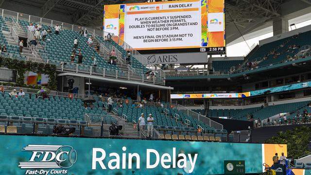 A rain delay is issued before the start of the men’s final singles match between Jiri Lehecka of Czechia and Jannik Sinner of Italy at the Miami Open tennis tournament on Sunday, March 29, 2026, in Miami Gardens, Fla. A rain delay is issued before the start of the men’s final singles match between Jiri Lehecka of Czechia and Jannik Sinner of Italy at the Miami Open tennis tournament on Sunday, March 29, 2026, in Miami Gardens, Fla.