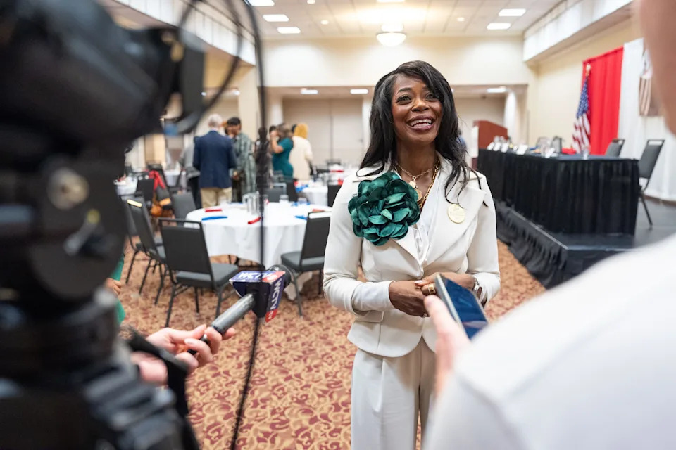 Florida A&M University President Marva Johnson answers questions from the press after speaking at a Capital Tiger Bay Club luncheon on Friday, April 3, 2026.