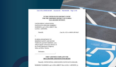 An empty disability parking space with the front page of the complaint