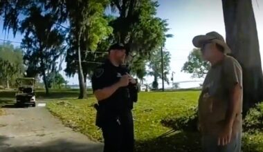 Former Orange Park Mayor Eugene Nix, right, denied to a pair of OPPD officers taking a Town Council campaign sigh for Doug Benefield. After being told he was seen taking it on home surveillance, Nix confessed to taking it and throwing it away.