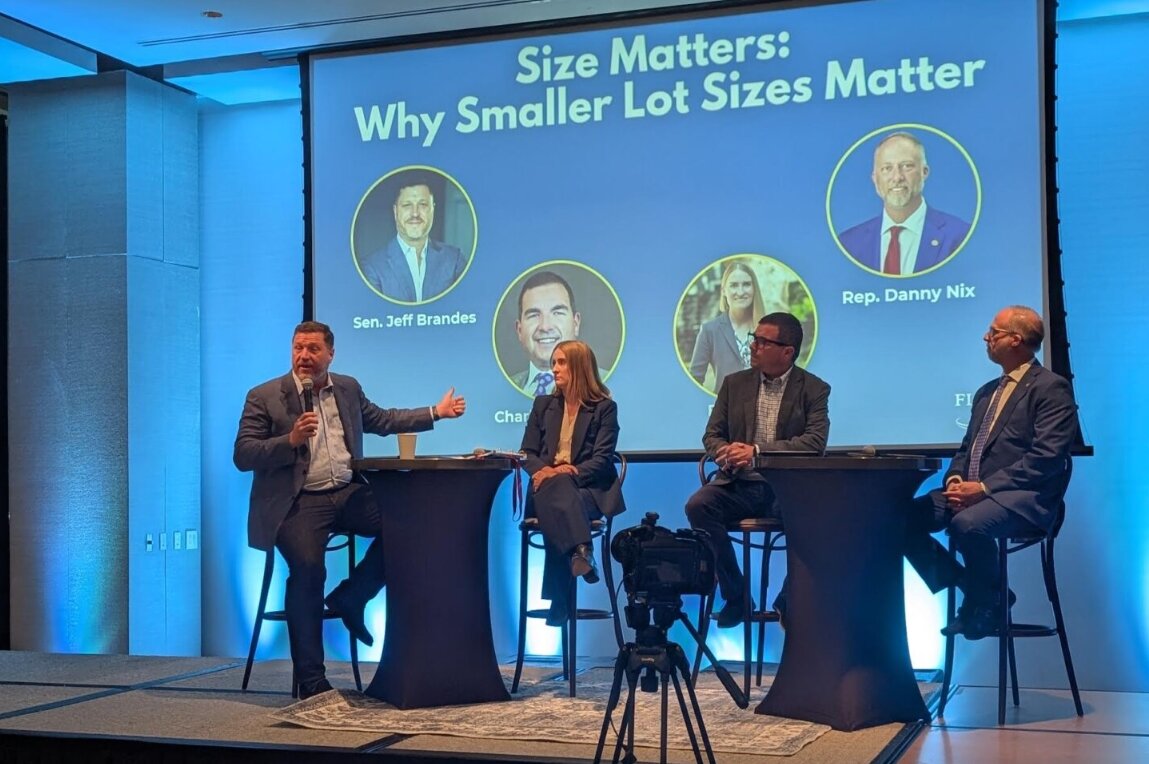 (L to R) Former GOP state Sen. Jeff Brandes; Brita Wallace, general counsel, Texans for Reasonable Solutions; Charbel Barakat, vice president and counsel, D.R. Horton; and GOP state Rep. Danny Nix in St. Petersburg on April 22, 2026. (Photo by Mitch Perry/Florida Phoenix)