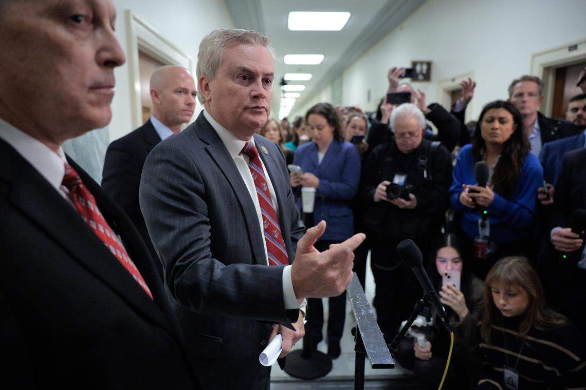 House Oversight and Government Reform Committee Chairman James Comer talks to reporters following a closed-door, remote deposition from convicted child sex offender Ghislaine Maxwell in the Rayburn House Office Building on Capitol Hill on February 09, 2026 in Washington, DC.