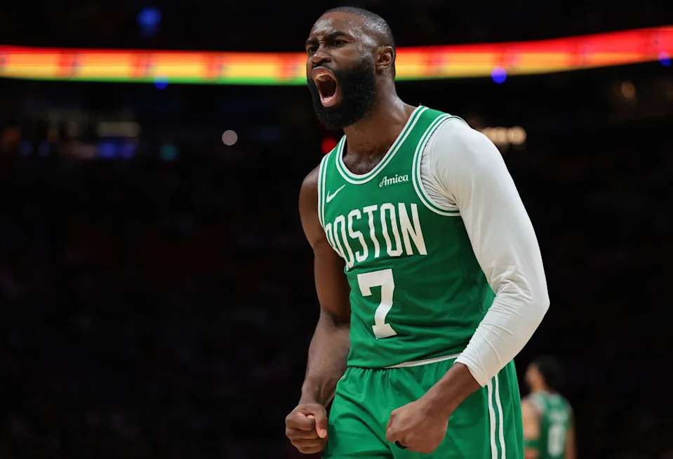 Apr 1, 2026; Miami, Florida, USA; Boston Celtics guard Jaylen Brown (7) reacts against the Miami Heat during the third quarter at Kaseya Center. Mandatory Credit: Sam Navarro-Imagn Images