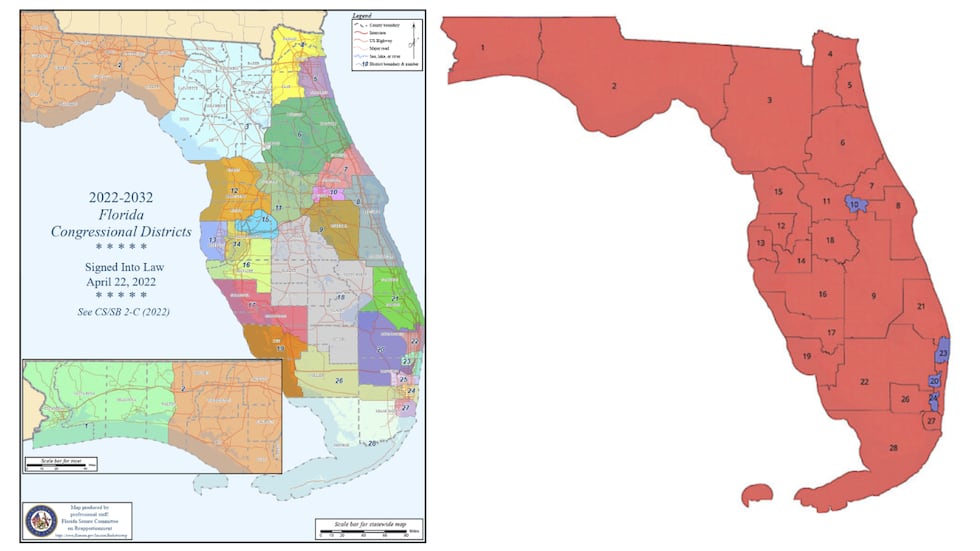 (Left) 2022 Approved Florida Congressional District Map, (Right) 2026 Proposed Florida...