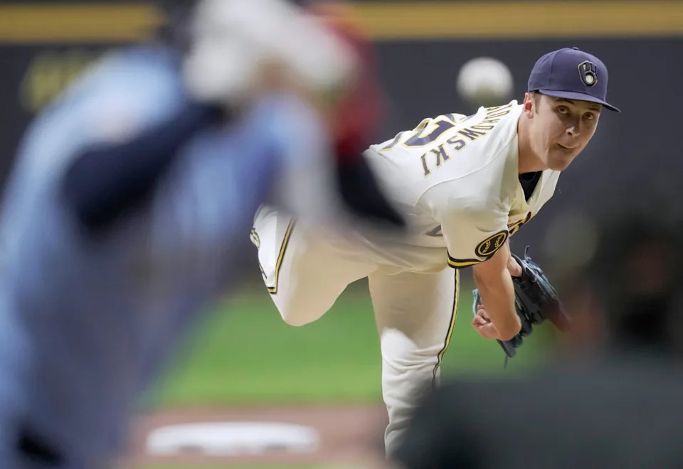 Milwaukee Brewers pitcher Jacob Misiorowski (32) throws during the first inning of their game against the Toronto Blue Jays Tuesday, April 14, 2026 at American Family Field in Milwaukee, Wisconsin.