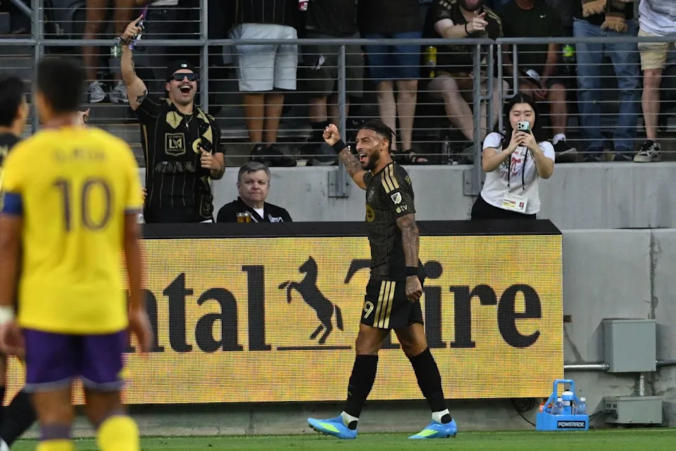 LAFC forward Denis Bouanga (99) raises a fist after scoring a goal during an MLS game between LAFC and Orlando City SC on Saturday, April 4, 2026 at BMO Stadium in Los Angeles Calif