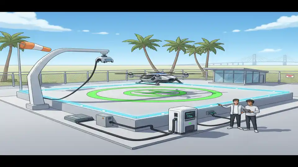 Electric air taxi vertiport landing pad with charging infrastructure at aviation test facility