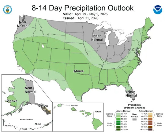 The Climate Prediction Center's 8-14 day outlook shows a 40% to 50% chance of higher precipitation for the Tallahassee area through May 5, 2026.