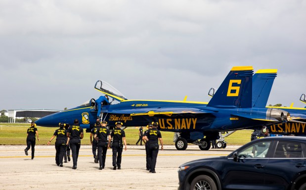 The U.S. Navy Blue Angels demonstration squadron arrives at the Orlando Melbourne International Airport before The Great Florida Air Show in 2021. The team is set to headline the Air Dot Show Cocoa Beach April 11-12. (Patrick Connolly/Orlando Sentinel)