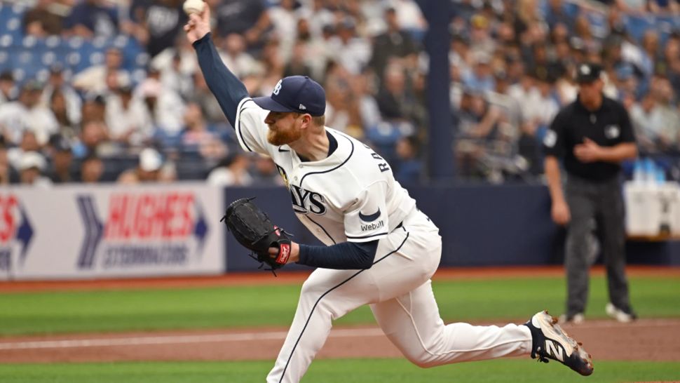Tampa Bay Rays pitcher Drew Rasmussen throws during the first inning of a baseball game against the New York Yankees, Sunday, April 12, 2026, in St. Petersburg, Fla. (AP Photo/Jason Behnken)