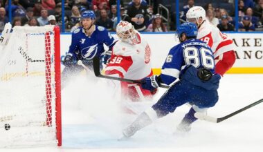 Tampa Bay Lightning right wing Nikita Kucherov (86) scores past Detroit Red Wings goaltender Cam Talbot (39) in overtime during an NHL hockey game Monday, April 13, 2026, in Tampa, Fla. (AP Photo/Chris O'Meara)