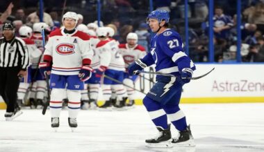 Tampa Bay Lightning defenseman Ryan McDonagh (27) skates off after Montréal Canadiens left wing Juraj Slafkovský scored during overtime in Game 1 of an NHL hockey Stanley Cup first-round playoff series, Sunday, April 19, 2026, in Tampa, Fla. (AP Photo/Chris O'Meara)