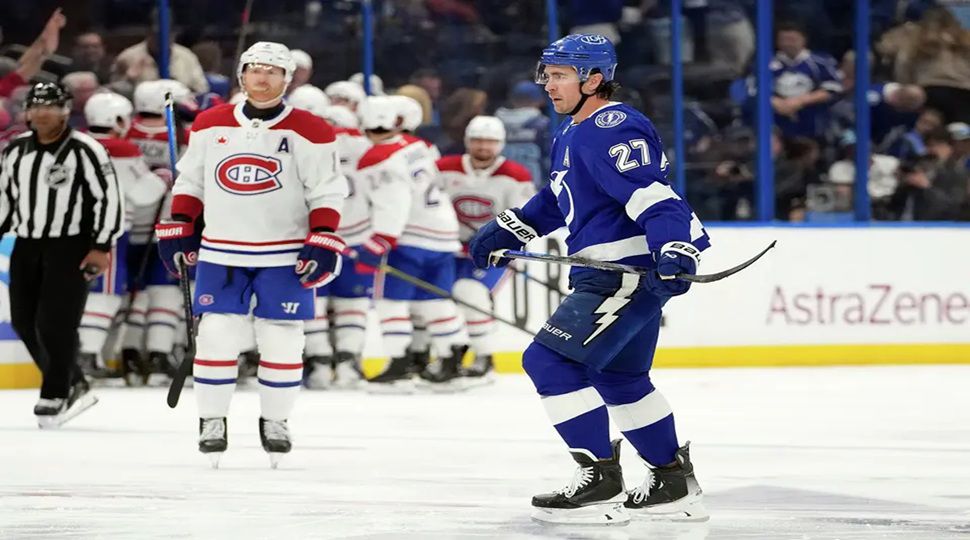 Tampa Bay Lightning defenseman Ryan McDonagh (27) skates off after Montréal Canadiens left wing Juraj Slafkovský scored during overtime in Game 1 of an NHL hockey Stanley Cup first-round playoff series, Sunday, April 19, 2026, in Tampa, Fla. (AP Photo/Chris O'Meara)