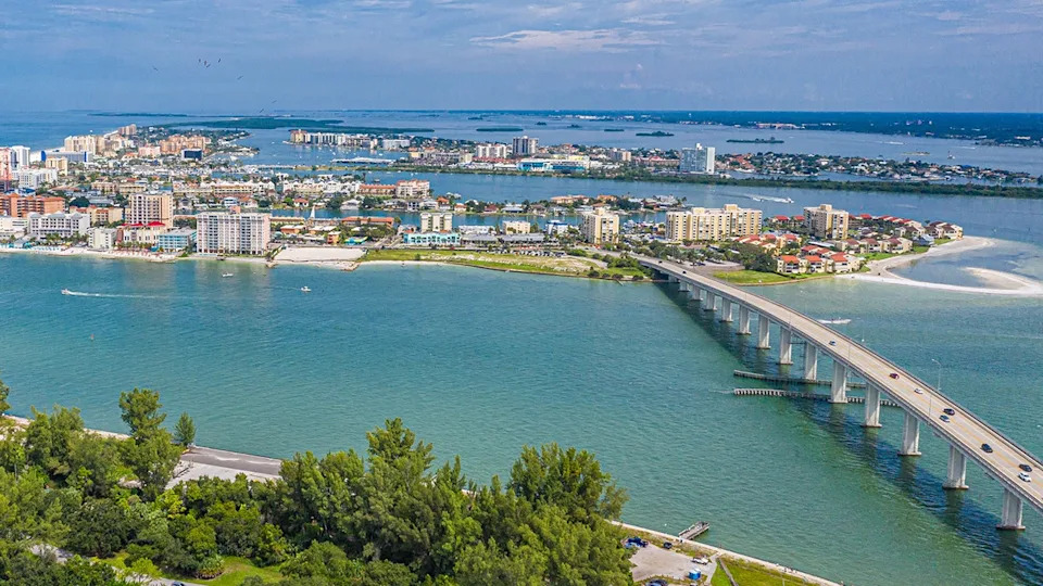Drone angle view of Clearwater Beach and Bridge.