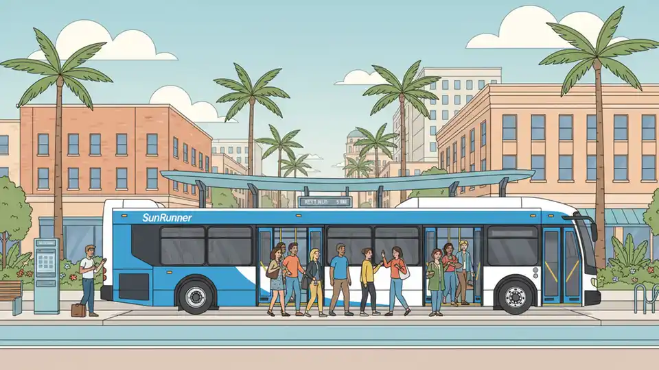 St. Petersburg SunRunner rapid-bus vehicle at Central Avenue stop with passengers boarding, modern blue and white bus design, urban streetscape with mixed-use buildings in background, daytime lighting, side angle showing full bus length and station platform