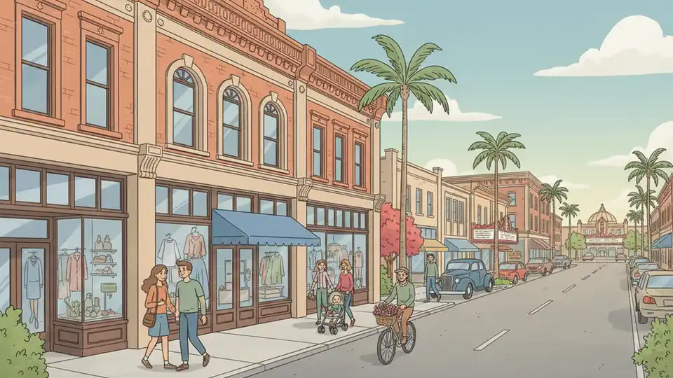 Historic commercial building on Central Avenue in St. Petersburg's Grand Central District, early 20th century architecture with street-level retail, pedestrians walking on sidewalk, parked cars along street, establishing shot showing neighborhood character and mixed-use development