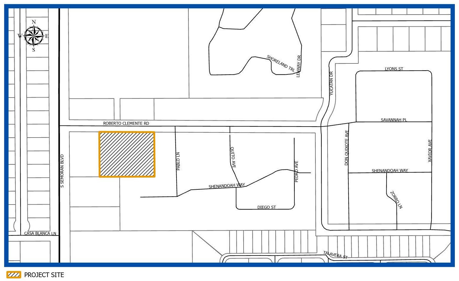 Site map showing the location of 5750 Roberto Clemente Road, Orlando, Florida, 32807, which is on the south side of Roberto Clemente Road and is the second property to the east of South Semoran Boulevard. The property is located in the Engelwood Park Neighborhood, in City Commissioner District 2.