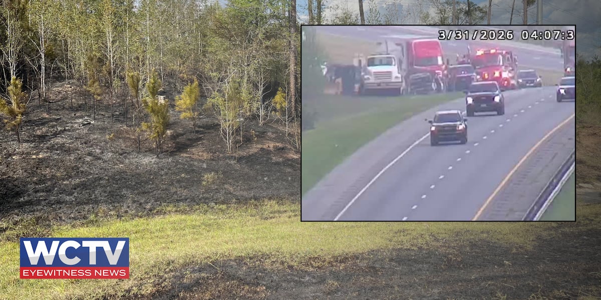 Pickup truck hauling hay catches fire on I-10 in Gadsden County, sparking wildfire